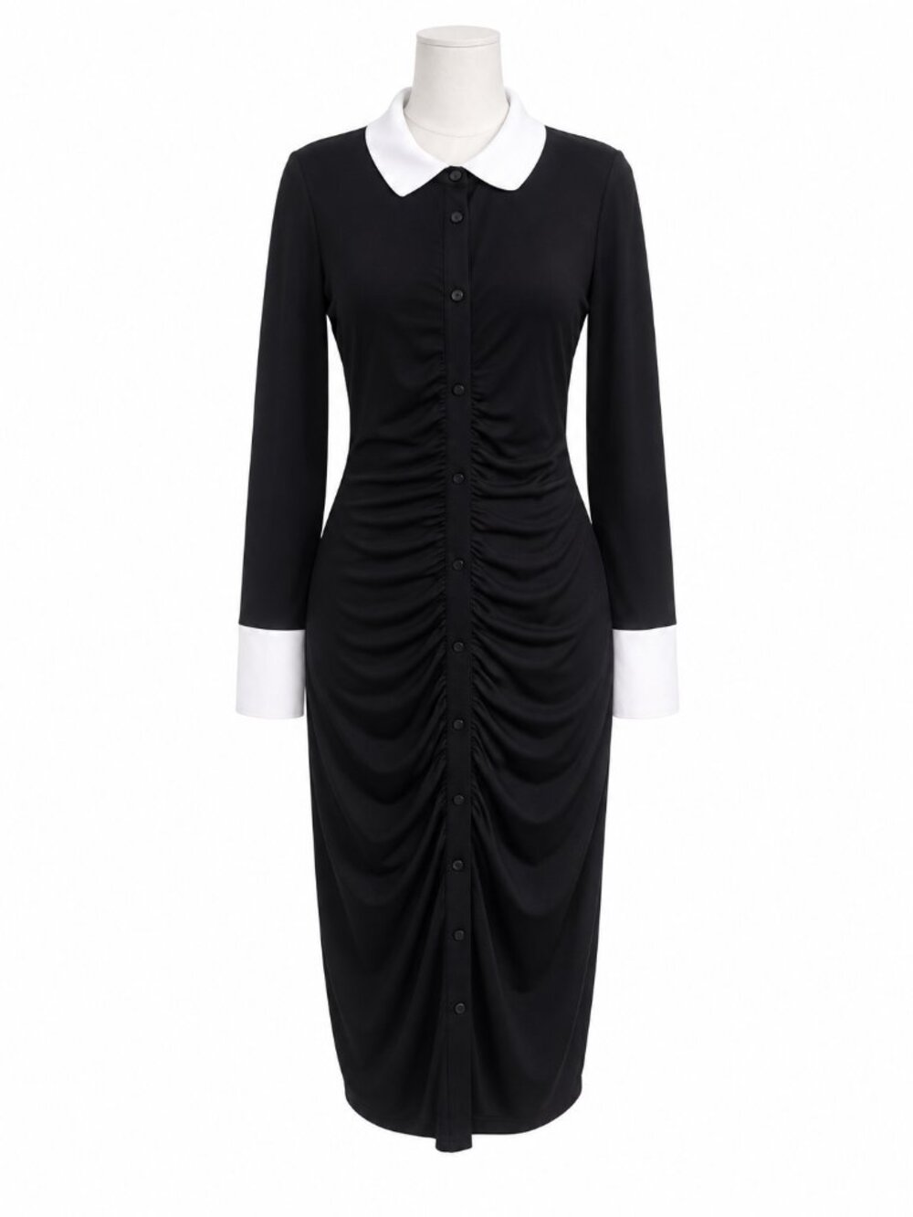 Karl Lagerfeld Paris Black Ruched Tuxedo Dress — White Collar & Cuffs Size 6
